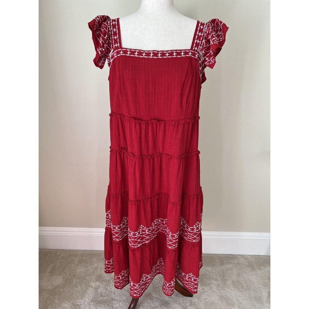 Knox Rose Sleeveless Midi Dress Women’s Size L Red Embroidered Tiered Peasant